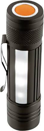 Black torch with side clip, red button on top and white light at the front.
