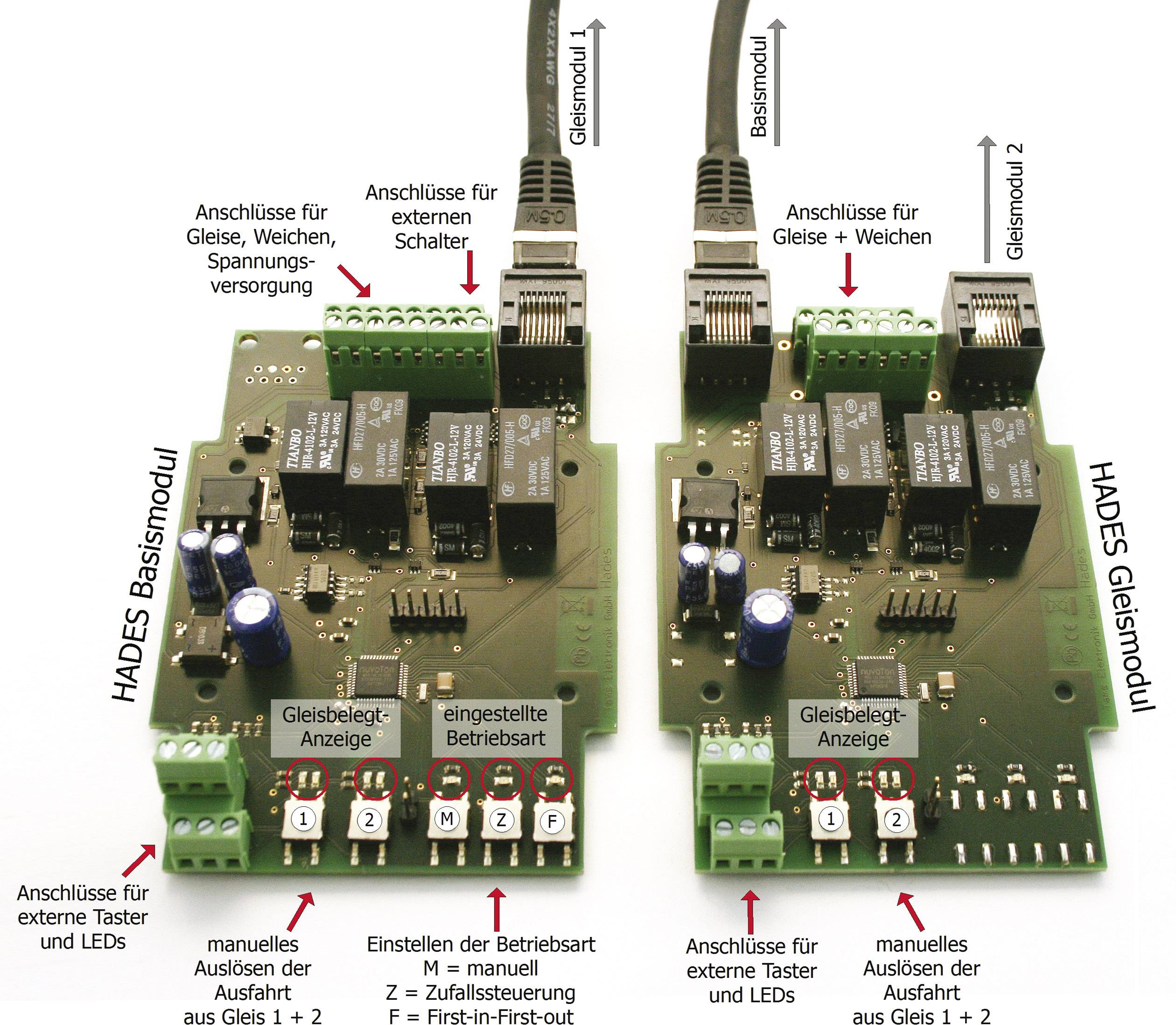 'Two electronic HADES modules on a white background. Left: Base module, showing connections for external switches. Right: Track module, displaying settings for operating mode and LEDs.'