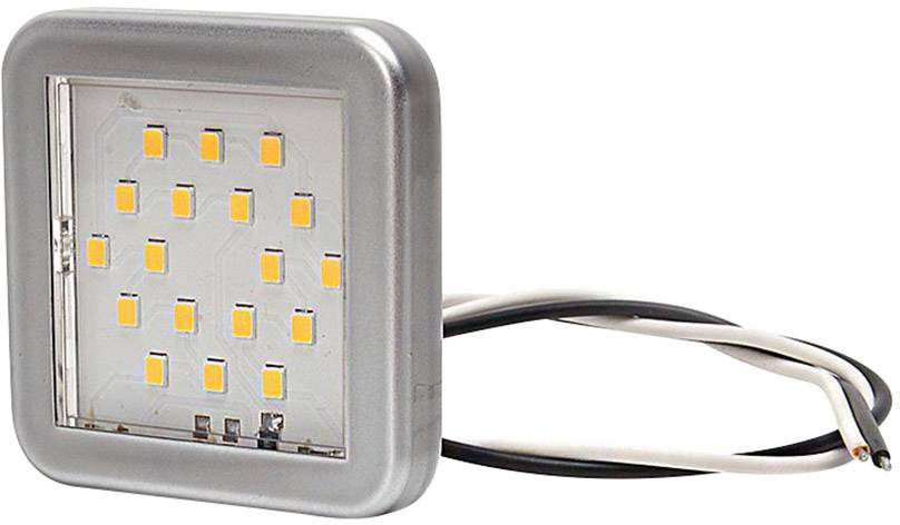 A square LED module with 16 small, luminous LEDs, silver frame and leading cables, prepared for connection.