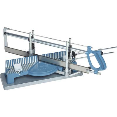 A precision mitre saw with a blue metal casing. It features an upright saw guide and a slotted base.
