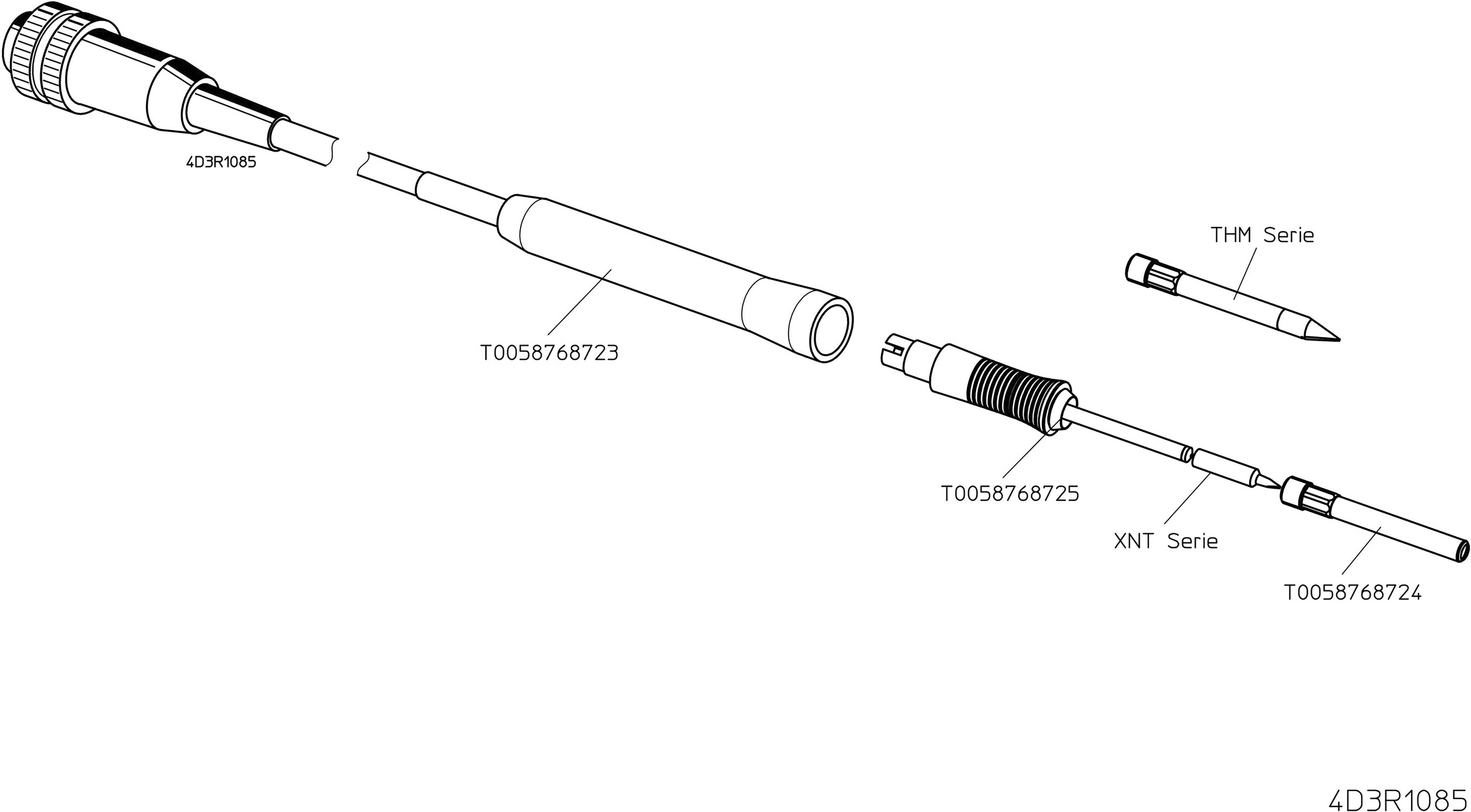 'Exploded diagram of soldering tools with part numbers; shows the THM and XNT series and specific components such as T0058768723.'