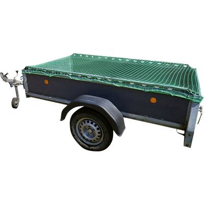 An open trailer with a green mesh cover, attached to a tow bar. Ideal for transporting goods.
