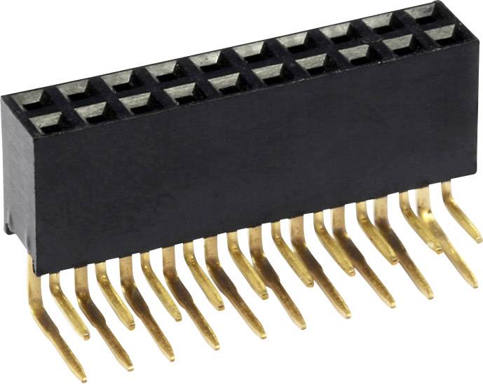 A black connector with gold-plated pins arranged in two rows. It is used for electrical connection between devices.