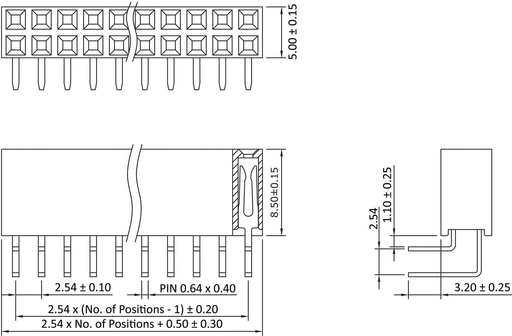 Dimensions of an electronic component, likely an IC socket, with precise measurements in millimetres for height, width, and pin spacing.