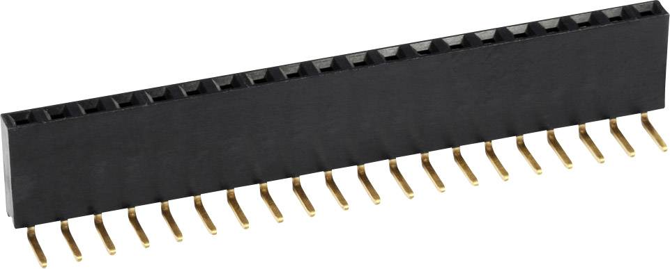 Black connector with 20 gold-plated pins, commonly used in electronics for connecting circuit boards.
