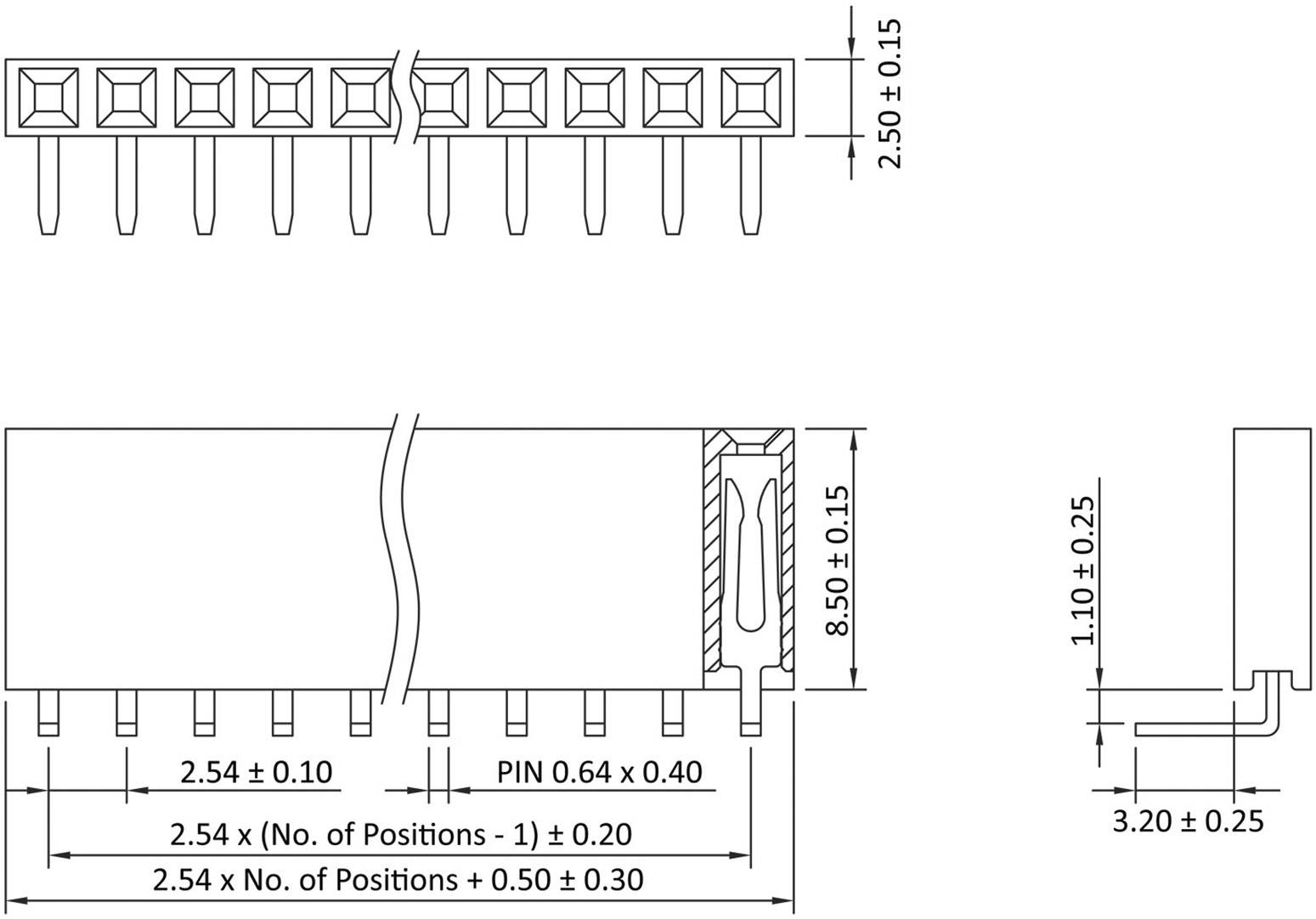 Technical drawing of an electrical connector with dimensions in millimetres; shows front, side, and top views.
