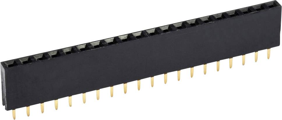 Black connector with gold-plated pins, typically used for electronic connections on printed circuit boards.