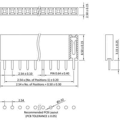'Technical drawing of a connector with dimensions: width 8.50 mm, height 3.15 mm, pin spacing 2.54 mm. Recommended PCB layout shown.'