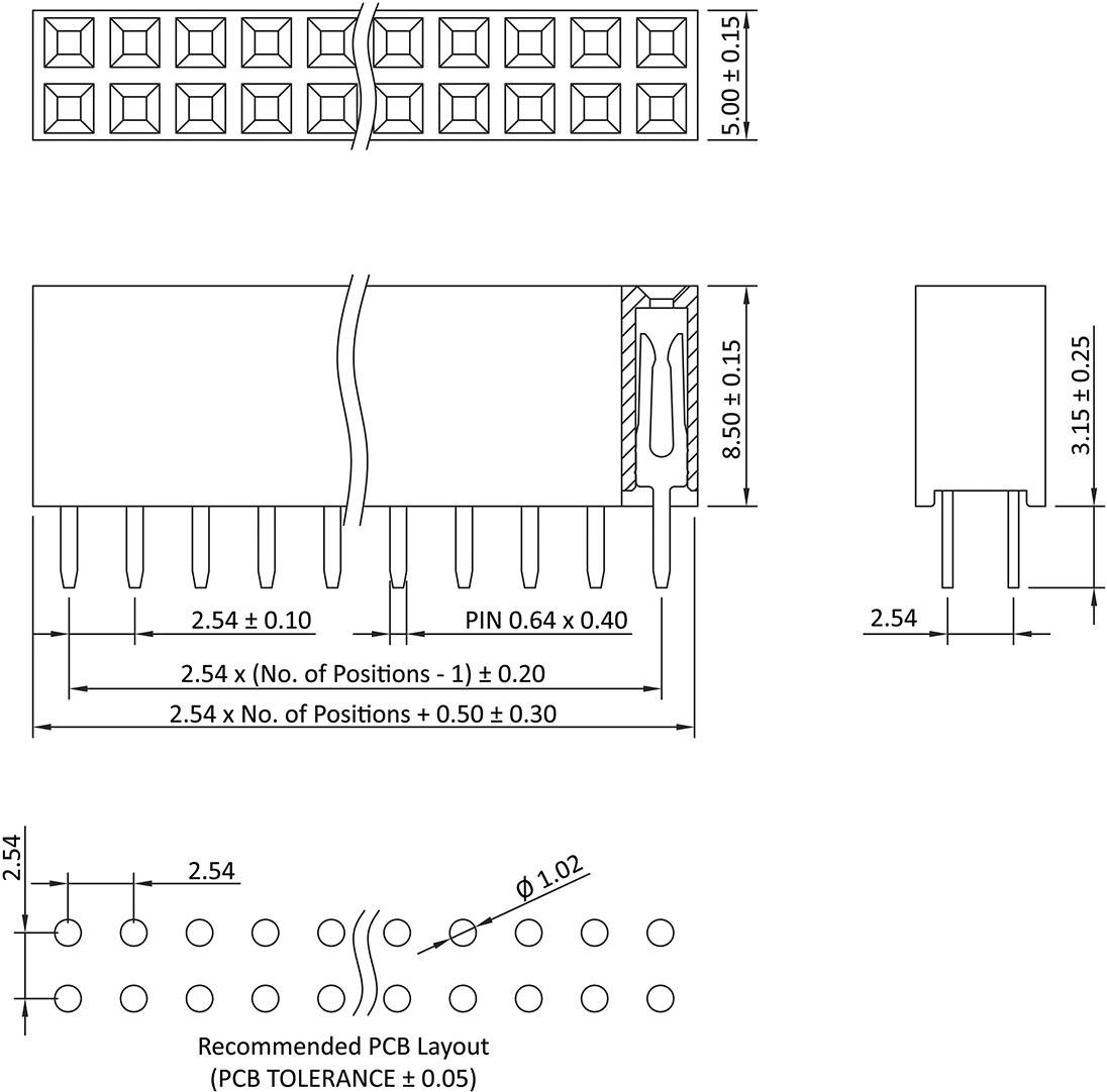 Connector Design Plan: Top and Side View with Dimensions in mm. Shows Socket Arrangement and Recommended PCB Layout Drilling Positions.