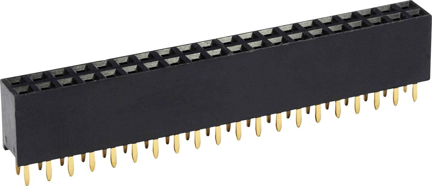 A black, rectangular connector with multiple golden pins, suitable for electronic connections.
