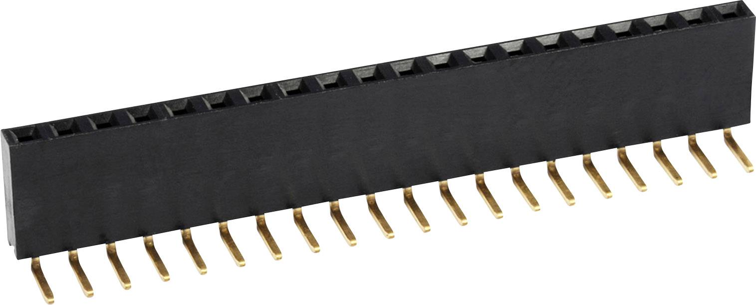A black rectangular connector with 20 metal pins underneath, used for connecting electronic components.