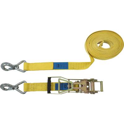 A yellow lashing strap with hooks and a ratchet, used for securing loads.
