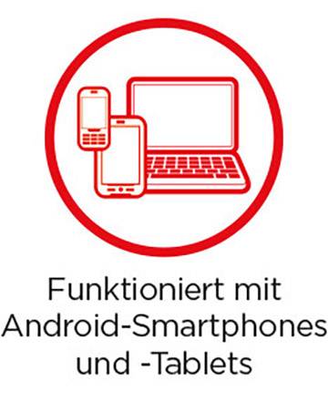 A red symbol shows a laptop, smartphone and tablet. Below it reads: 'Works with Android smartphones and tablets'.