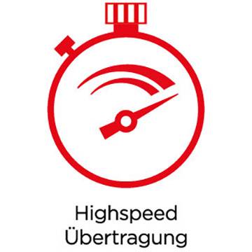 A red stopwatch symbol with an arrow pointing to the right and the text 'High-speed Transmission' underneath.