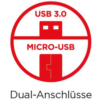 Two plugs in a red circle, with a USB 3.0 above and a Micro-USB below. Underneath it says 'Dual Connections'.