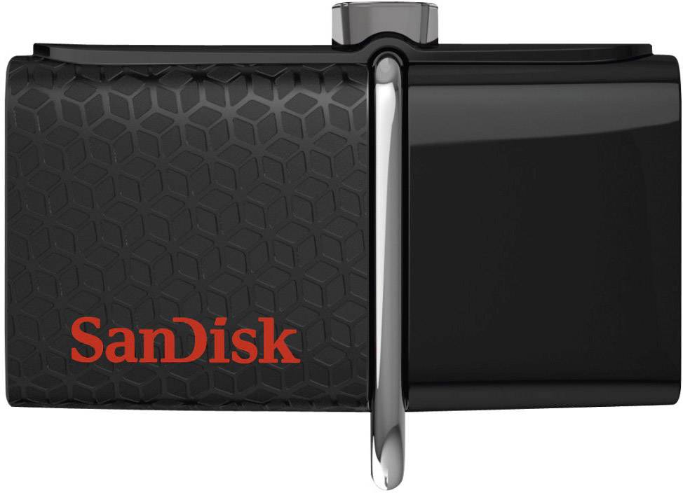 SanDisk USB drive with a black and red design, hexagonal pattern on the left and a glossy metallic edge on the right.