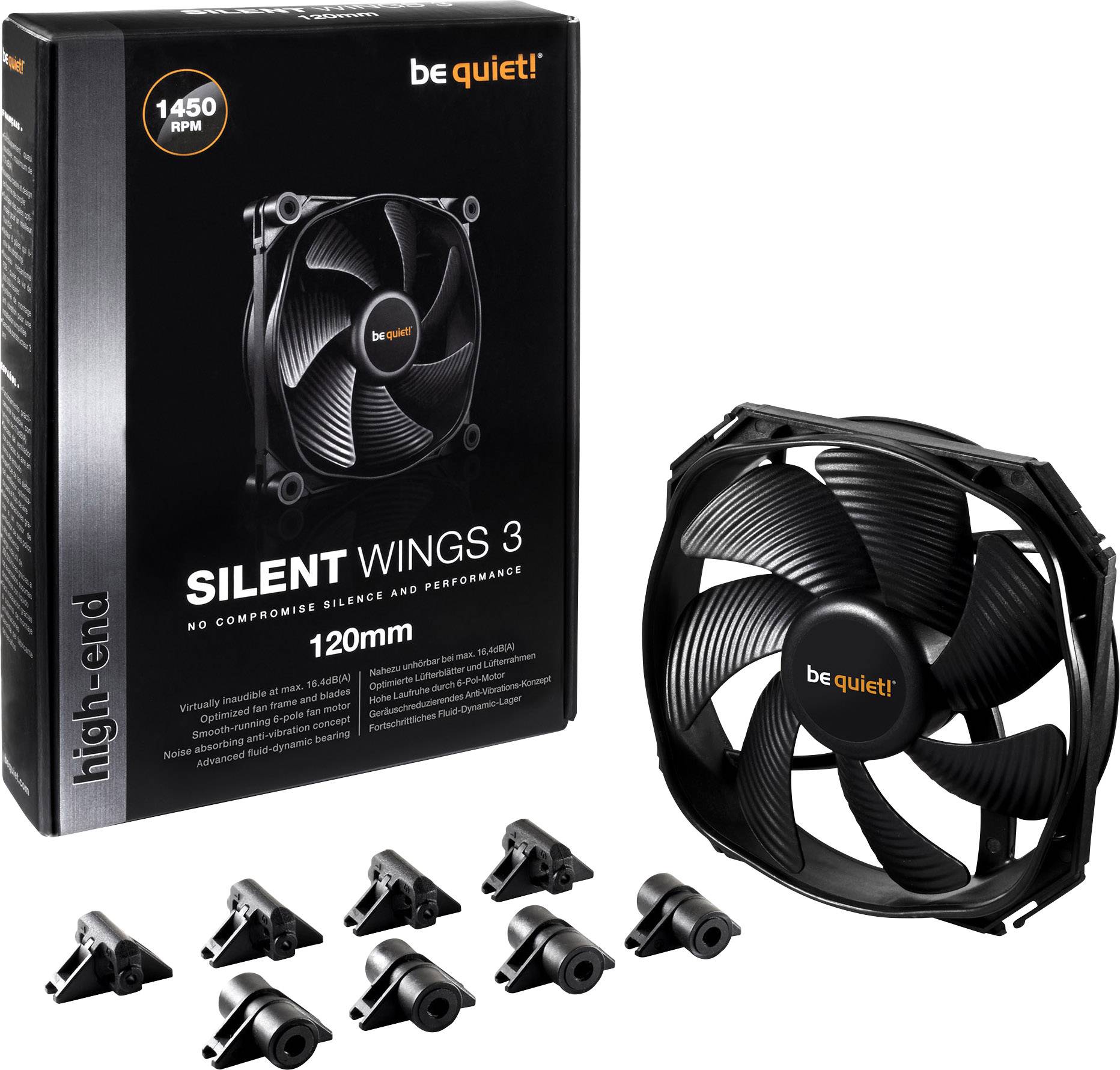 A packaging and a PC fan by 'be quiet!' Silent Wings 3, 1450 RPM, 120mm, black, with mounting hardware.