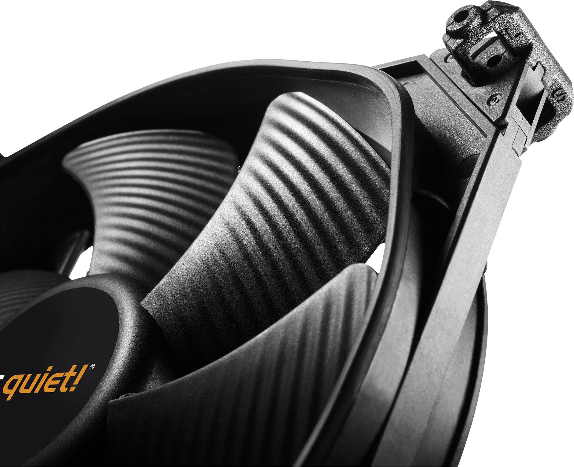 Close-up of a black computer fan with curved blades and 'be quiet!' labelling.
