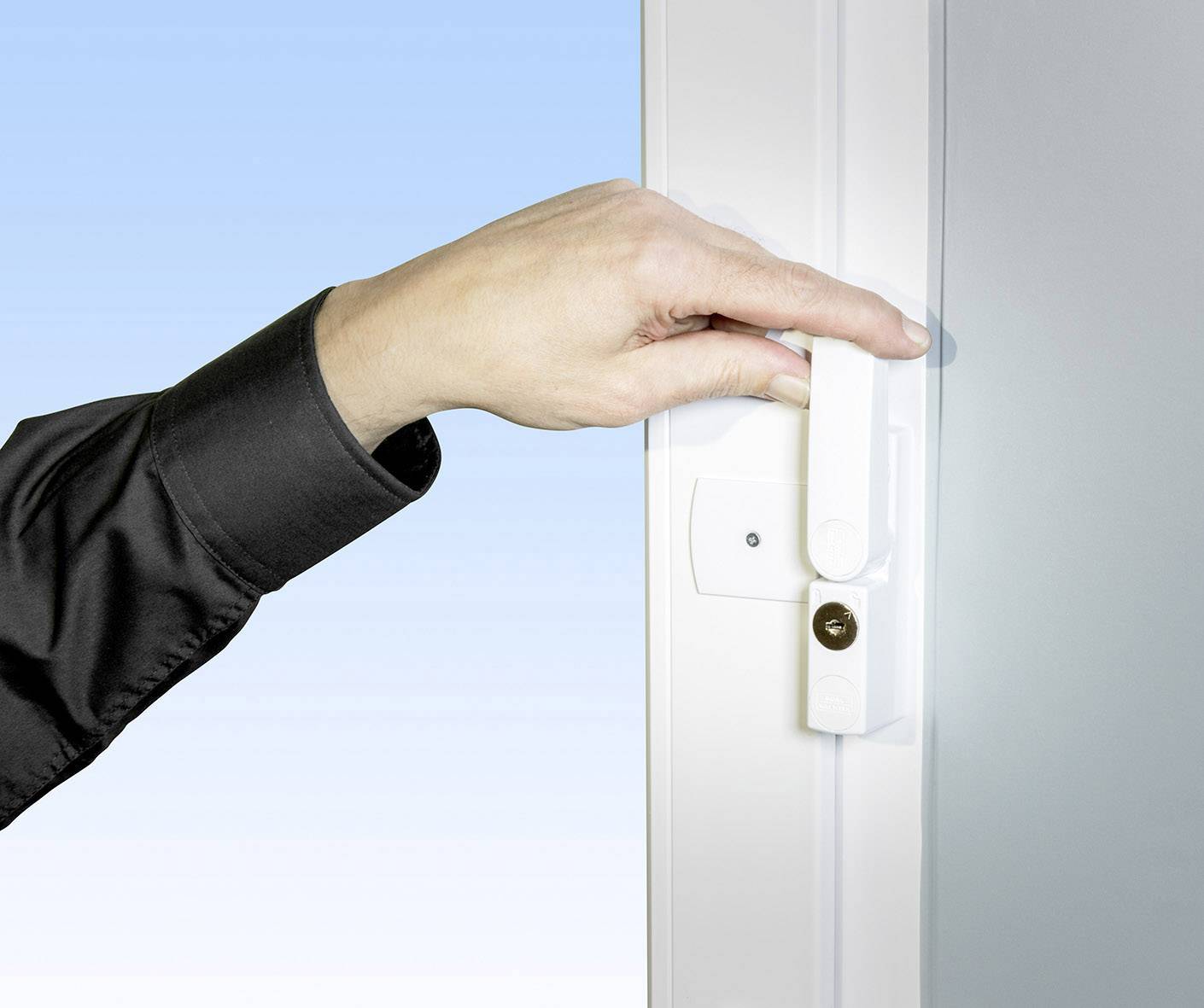 A hand opens a white window with a turn handle. The background is blue.