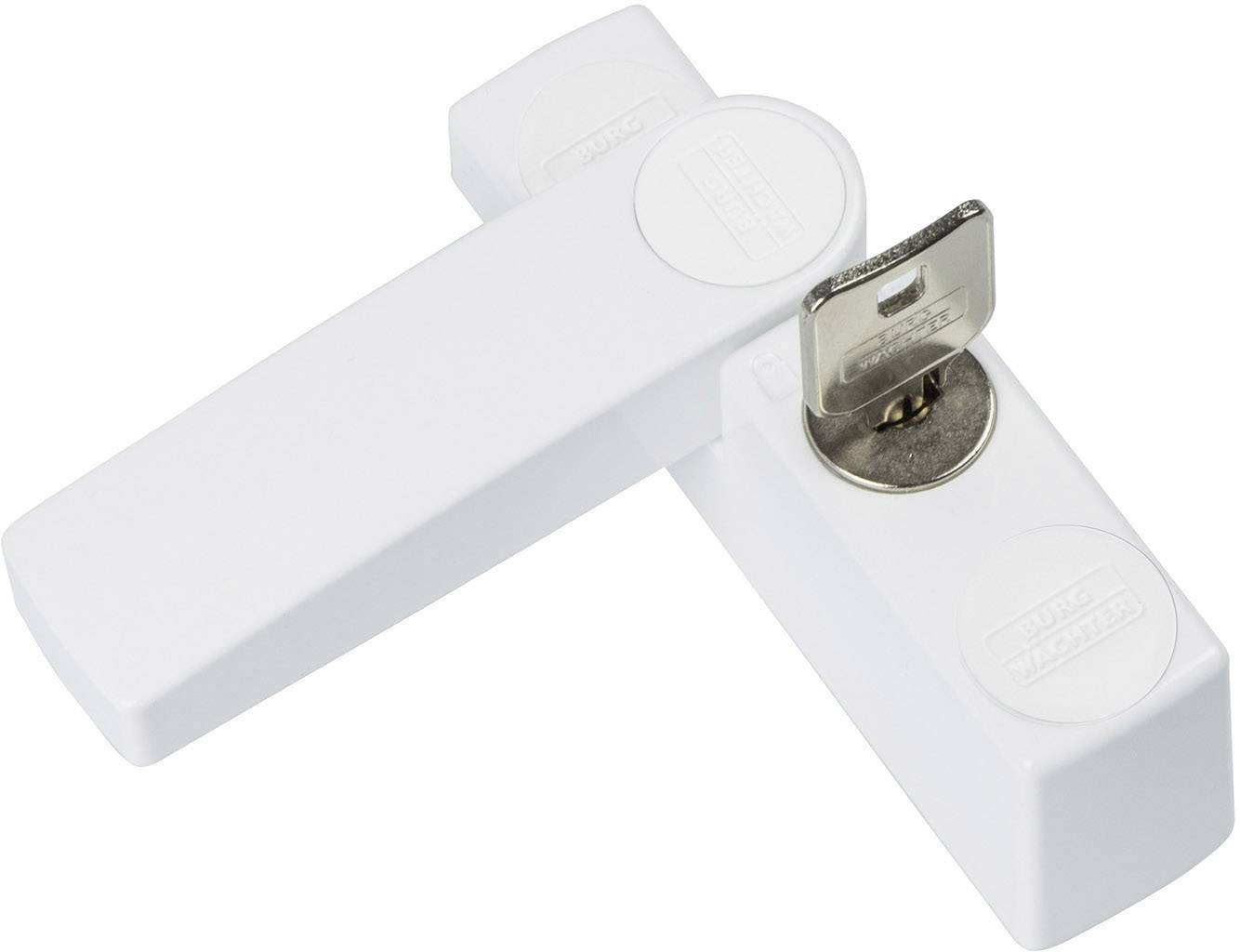 Two white window locks, one with a key inserted in the lock, show a closed and secured position.