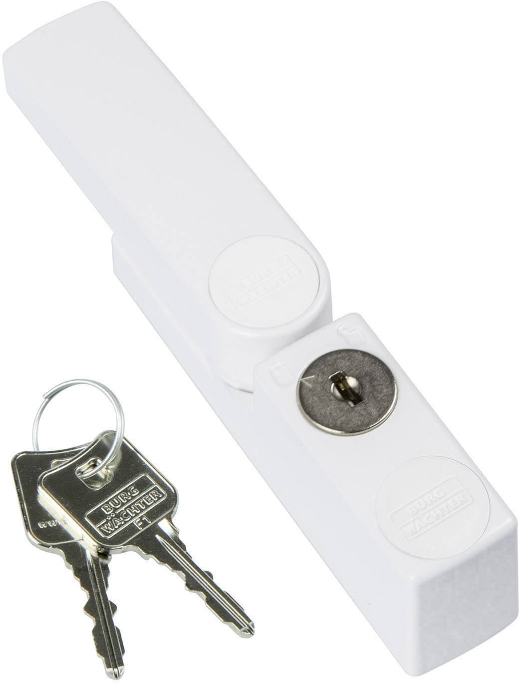 White window handle with integrated lock, including two keys. Suitable for securing windows or doors.