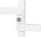A white security window lock with two levers and a central keyhole for reinforcing and securing windows.