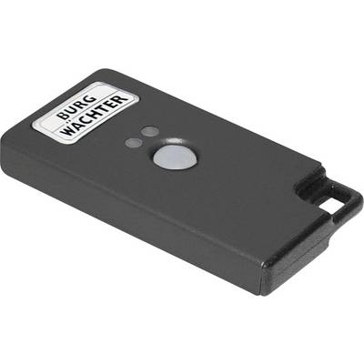 Black key fob with white 'Burg Wächter' label and central button; used for electronic access control.