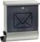 A silver letterbox with a transparent front panel displaying letters. A newspaper compartment is integrated at the bottom.