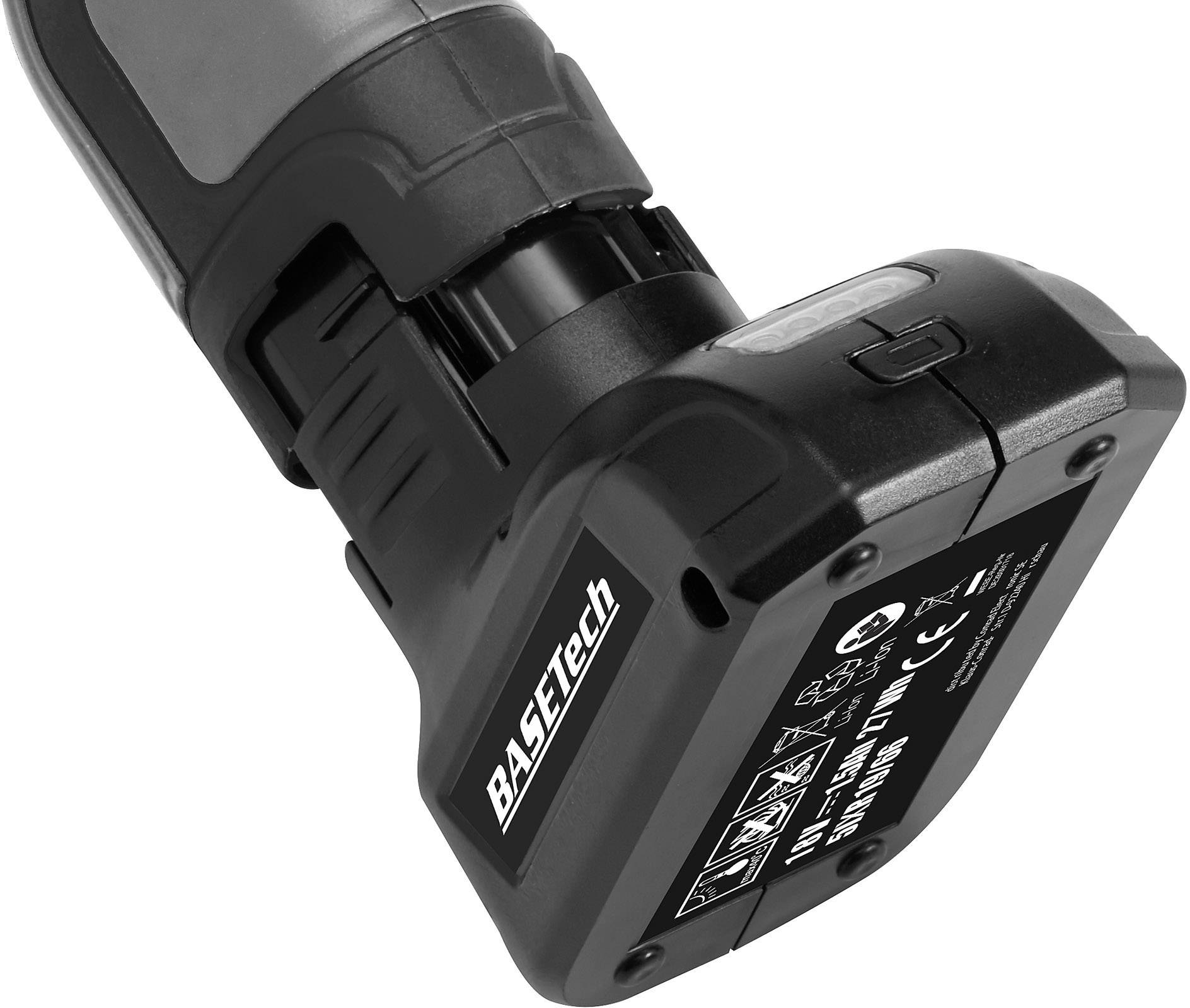 Battery pack with BASETech logo and safety instructions.