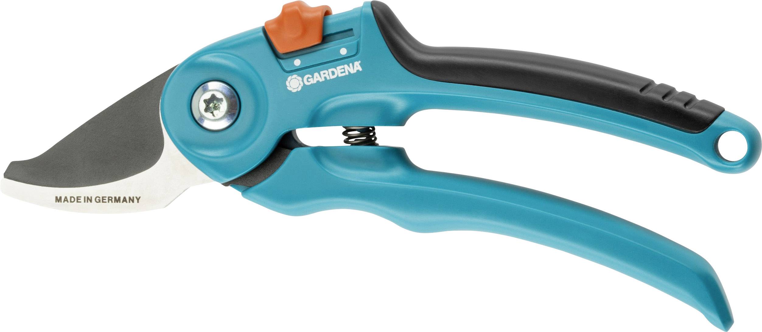 A blue and black Gardena garden secateurs with an orange lock and a blade inscribed with 'Made in Germany'.