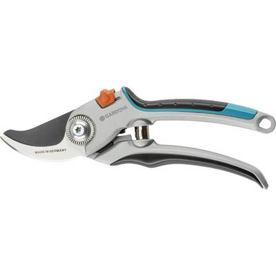 Garden secateurs with an ergonomic handle, silver and black with blue accents, suitable for precise cuts.