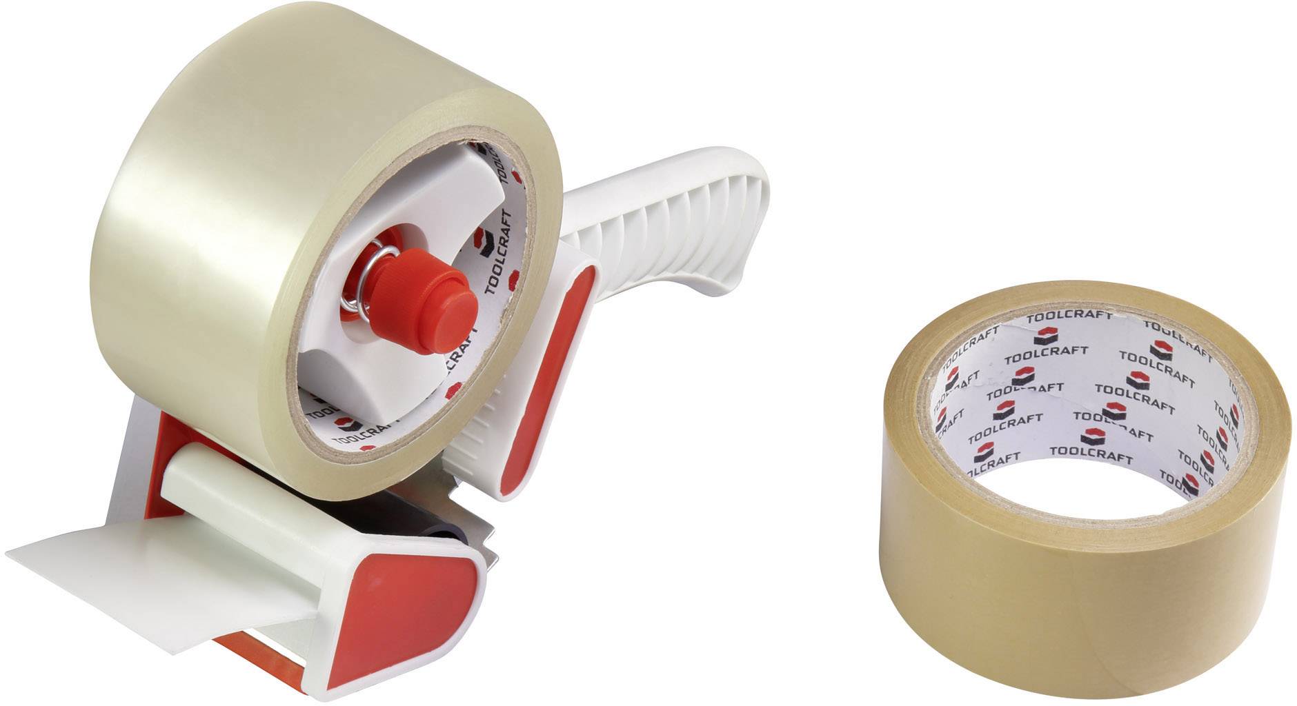 Tape dispenser with beige packaging tape and an additional cardboard tape roll. Ideal for packing boxes.