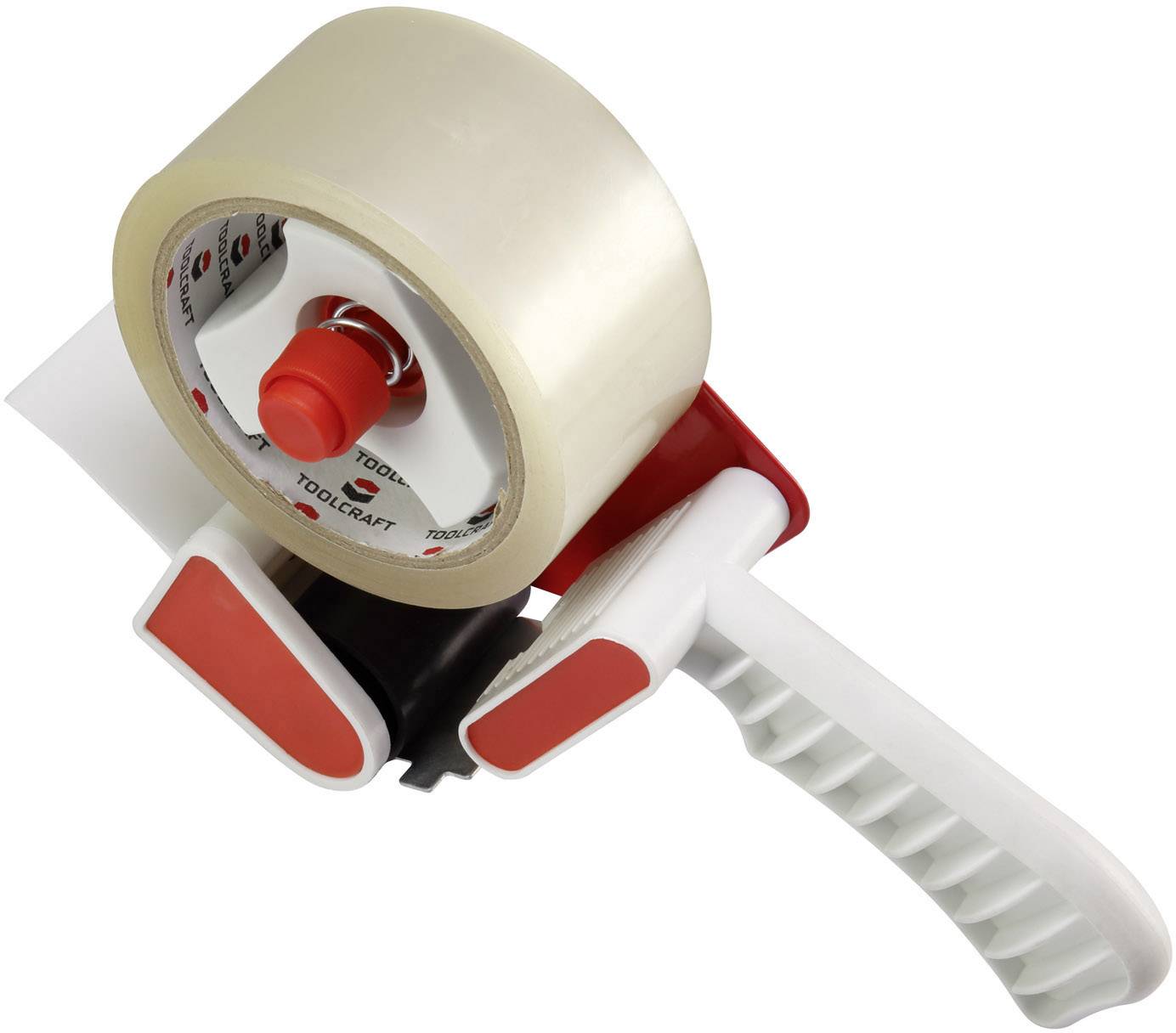 Hand tape dispenser with clear adhesive tape, ideal for easily and efficiently sealing boxes and parcels.