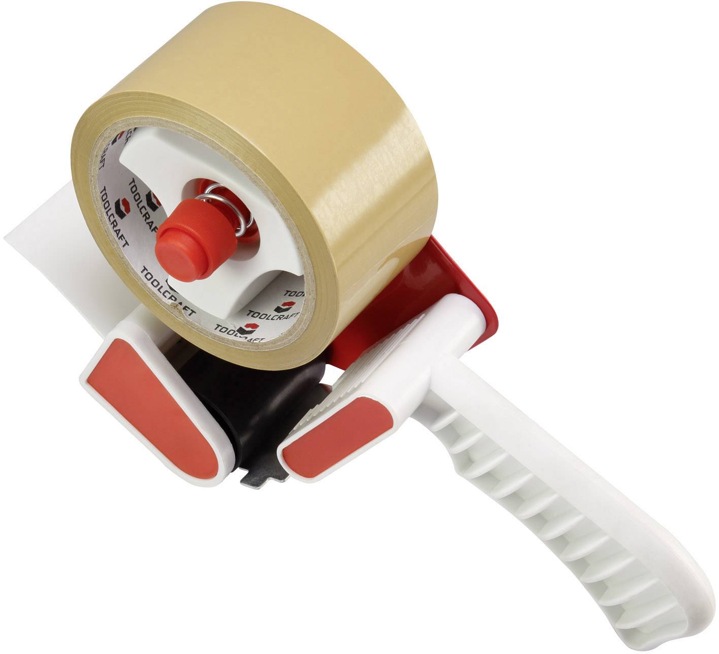 A brown parcel tape dispenser with a white handle and red accents, ready for packaging.