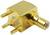 Golden, right-angled SMA connector with three rear pins and a front connection. Suitable for high-frequency applications.