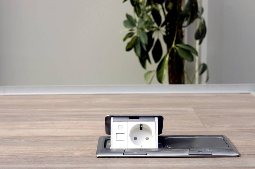 Socket integrated into a wooden desk, open with visible connections. Plant in the background.