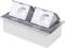 Double socket in a metal casing with hinged lids, mounted on a surface. Suitable for furniture or worktops.
