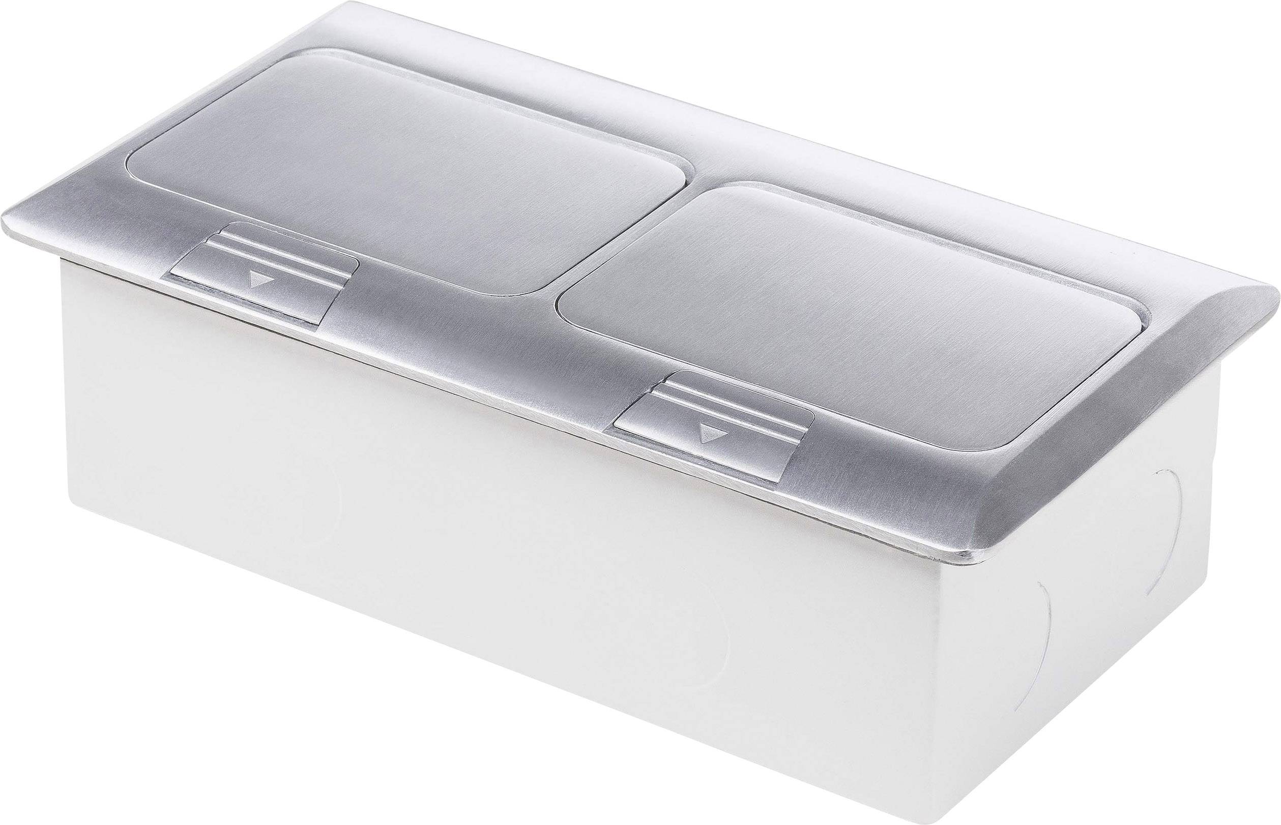 A rectangular, silver floor tank with two hinged lids.