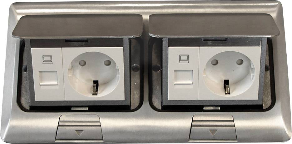 Double socket in a recessed enclosure, suitable for use in office spaces or conference rooms.