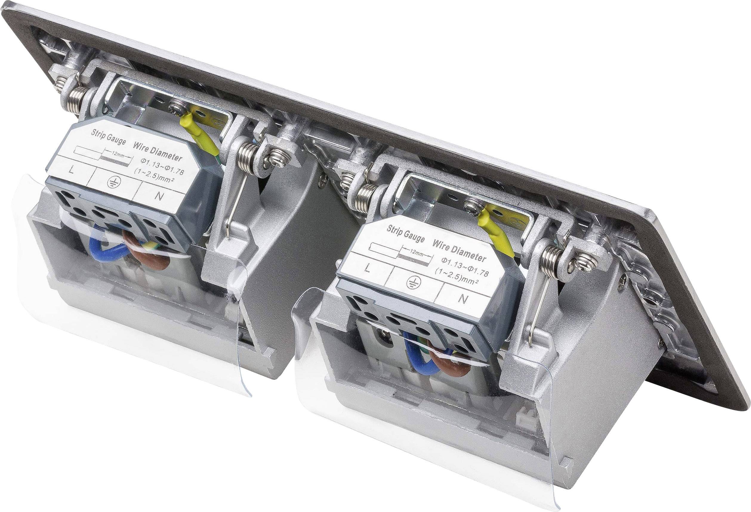 Two electrical wall sockets with labelled cable connections (L, N) and visible wire connections, mounted on a board.