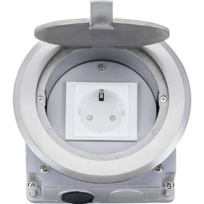 Round metal wall socket with open cover, shown from a front view.