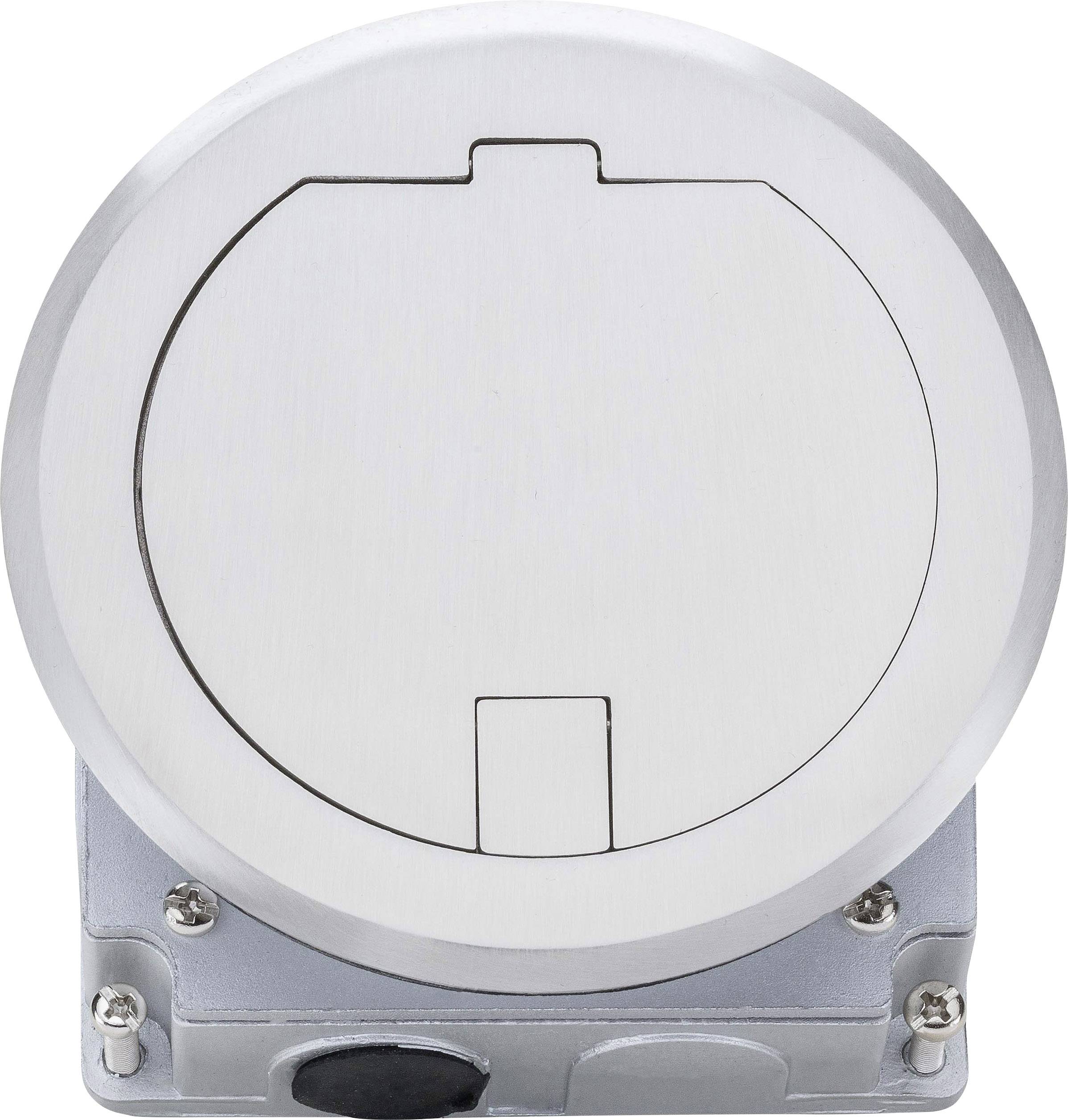Metallic, round socket with a rounded cover. Suitable for outdoor use to provide secure electrical power supply.