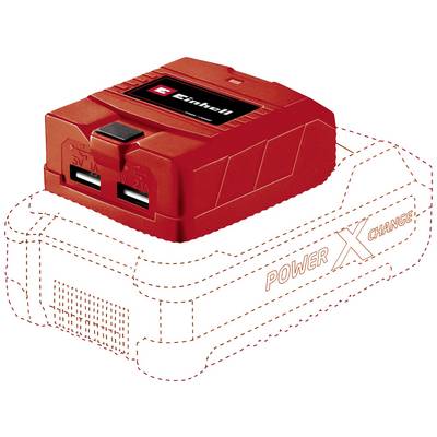 A red battery with two USB ports on top, labelled 'Einhell'. Outline of a Power-X-Change battery suggested underneath.