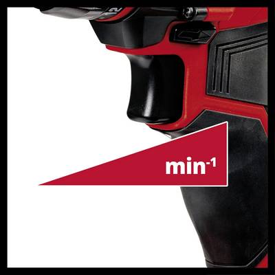 A close-up of a red power tool, likely a drill, with a black handle and white text 'min⁻¹' on a red background.