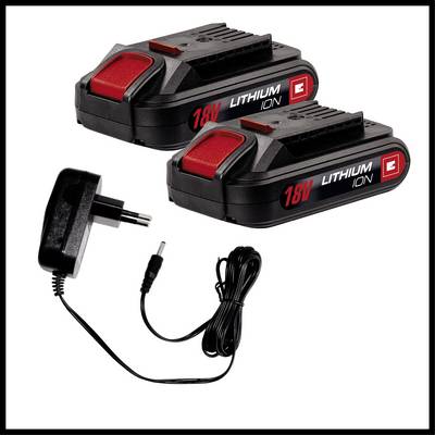 Two black 18V lithium-ion batteries with red detailing and a charger with cable. Suitable for power tools.