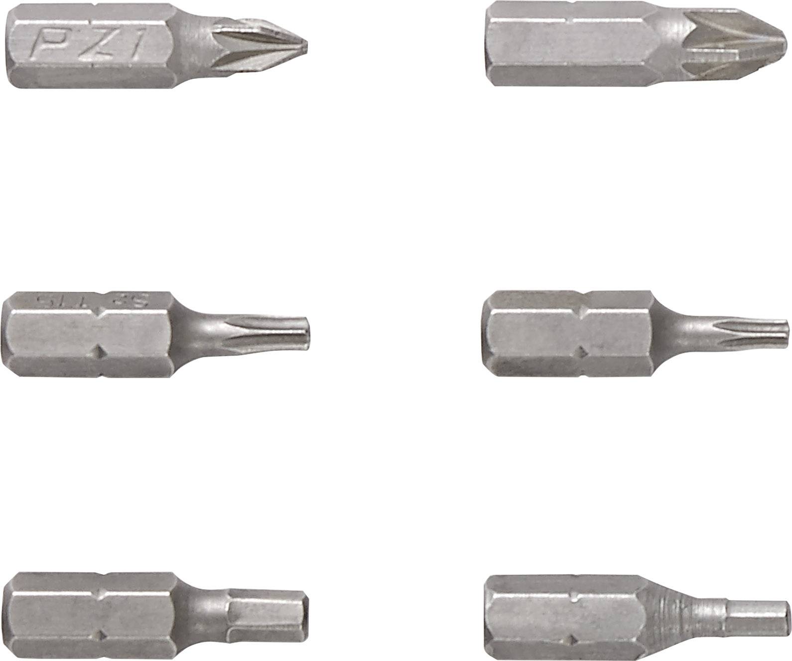 Six different screwdriver bits arranged in two rows. Top row: Phillips and flathead bits; bottom row: Torx and flathead bits.