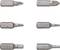 Six different screwdriver bits arranged in two rows. Top row: Phillips and flathead bits; bottom row: Torx and flathead bits.