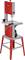 A red and grey bandsaw sits on a metal frame. It has a pivoting worktable and a viewing window on the front side.