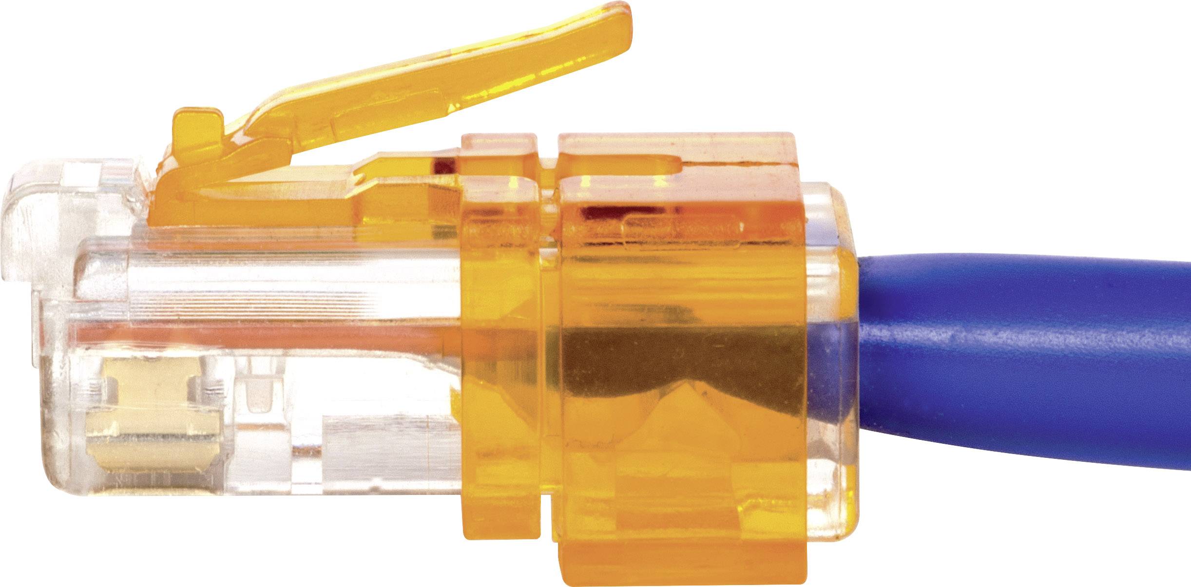 Network plug: Orange-transparent casing with blue cable. Suitable for Ethernet connections.