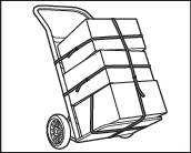 A trolley laden with stacked crates, secured with a strap.